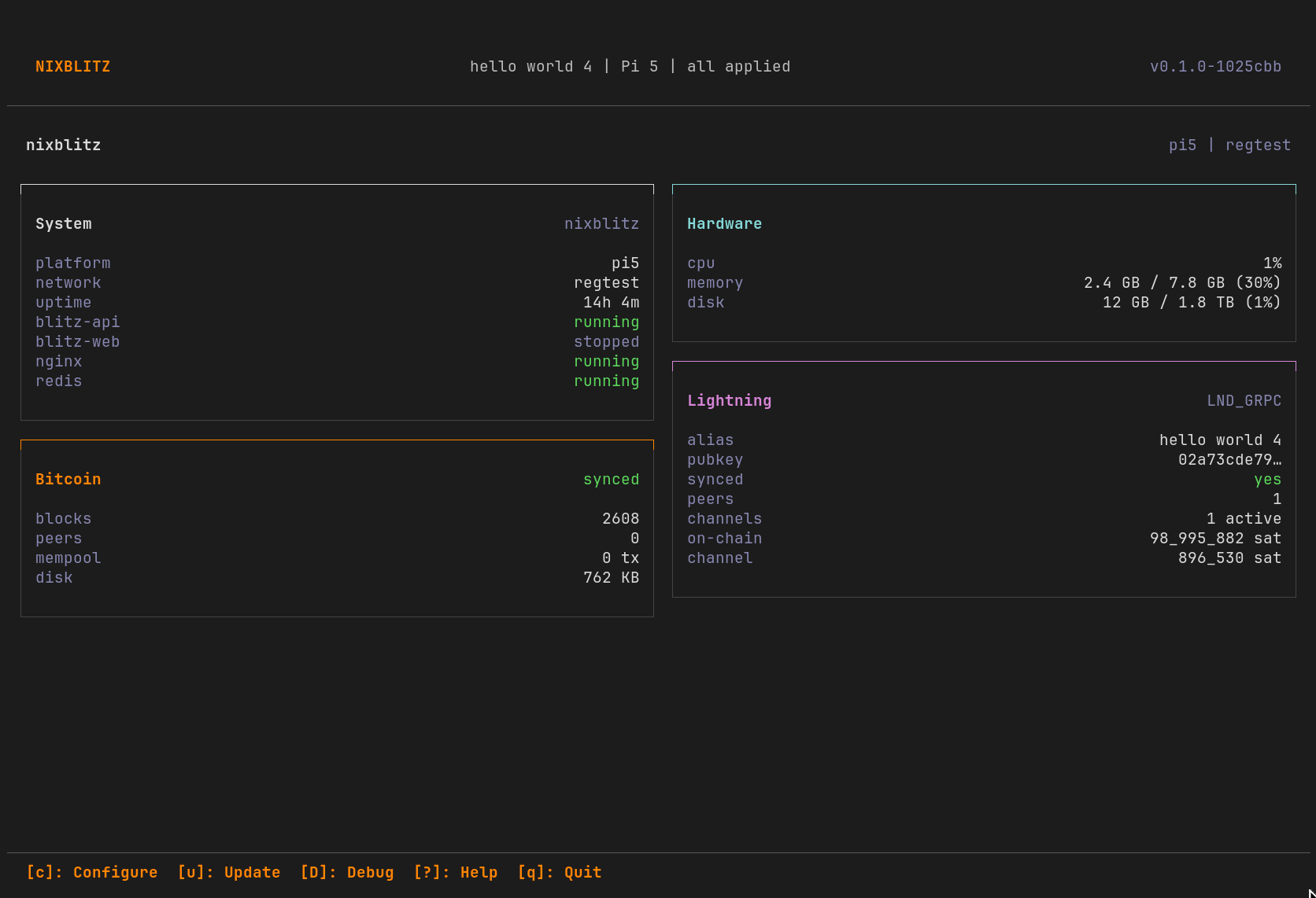 The dashboard view: header, tile grid, footer keybind hints.